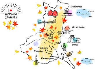 秋の茨城県の観光地のシンプル線画イラストマップ
