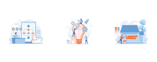 Analyst working at laptop with automation process, Tiny business people generating ideas and holding gears at big light bulb, Building exterior renovation, set flat vector modern illustration