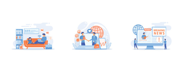 Freelancer with child working on laptop, Manager shakes hands with customer, strategy for interactions with client, Press, mass media, broadcasting studio, set flat vector modern illustration
