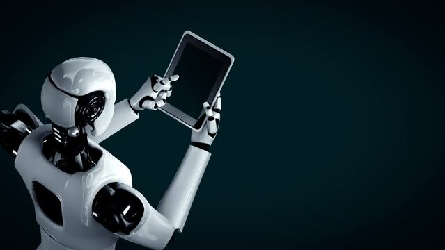 Futuristic robot artificial intelligence huminoid AI programming coding technology development and machine learning concept. Robotic bionic science research for future of human life. 3D rendering.