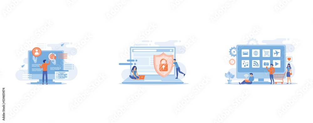 Poster businessman and computer recognising and interpreting human gesures as commands, tiny people busines