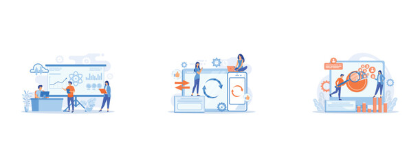 Software Engineer, Statistician, Visualizer and Analyst working on a project, User with laptop and smartphone synchronizing, Social media managers work with social media profiles and platforms, set fl