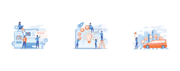 Developers at computer and smartphone working on single page app, tiny people, Capital fund financing small firm with high growth potential, Businesswoman with heart likes using autonomos car with tec