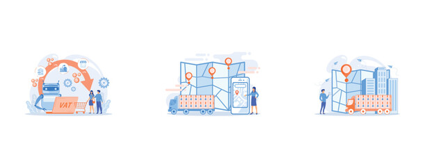 Artificial intelligence, ai calculating taxation multiplier, Tracking delivery, package on smartphone application, GPS tracker on postal agent truck, set flat vector modern illustration