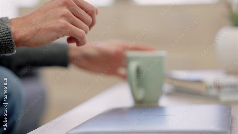 Poster laptop typing, coffee drink and hands doing research on the internet at a table while working remote