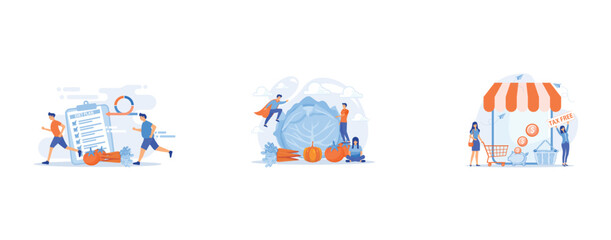 Businessman running and losing weight with diet plan and healthy food, tiny people, People taking care of vegetables as a concept of vegetarianism, Opening new business, startup without taxation, set 