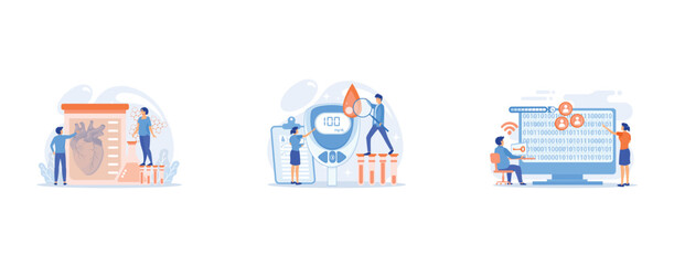 Scientists growing big heart in test tube in laboratory, Doctor with magnifier and blood glucose testing meter, Hacker gathering target individuals sensitive data and making it public, set flat vector