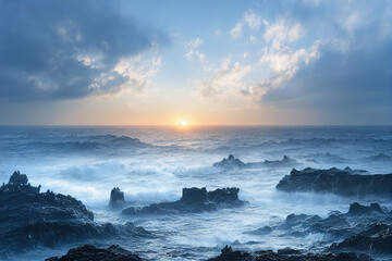 Fototapeta premium Sea sunset, panorama of the sea landscape, sunrise in the ocean, light above the water. Beautiful seascape. Digital art. 3D illustration