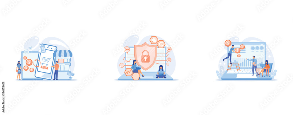 Poster new and used gadget exchange, privacy engineer at laptop with shield improving level of systems priv