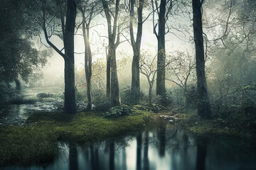 Obraz premium Abstract mysterious forest landscape. foggy morning, cold. Trees are reflected in a quiet pond. 3d illustration