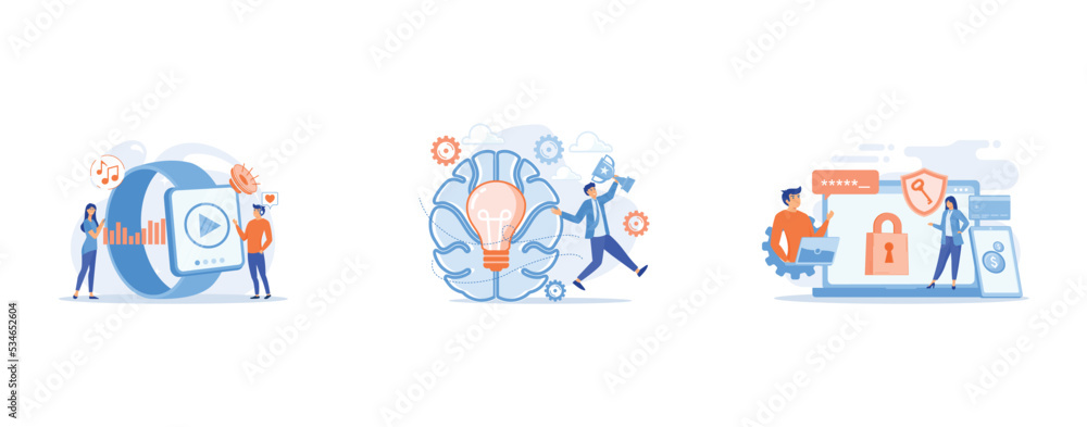 Poster users listening and huge smartwatch with player icon, brain with bulb and user jumps carrying cup, d
