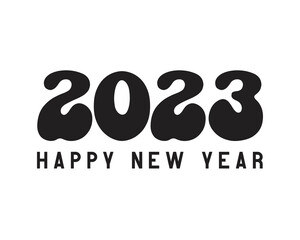 2023 Happy New Year quote retro groovy typography on white background