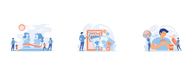 Kids with tutors enjoy acting on theater stage outside, tiny people, Businessman with smartphone playing poker online and casino table with cards and chips, Overweight man eating burger, tiny people g