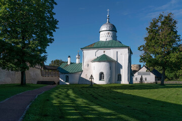 Fototapeta na wymiar View of the St. Nicholas (Nikolsky) Cathedral on the territory of the Izborsk fortress (XIV-XVII centuries) on a sunny summer day, Stary Izborsk, Pskov region, Russia