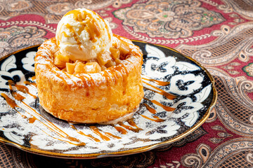 apple cake with caramel and ice cream