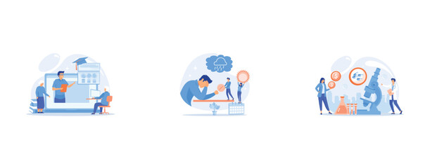 Webinar, Internet lesson, Businessman feeling bad with depressive symptoms, tiny people, Tiny people scientists in the lab produce pharmaceutical drugs, set flat vector modern illustration