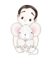 Portrait of a cute cartoon baby boy with a fluffy little mouse in his hands. Children composition. Digital illustration in the watercolor style. Greeting card.