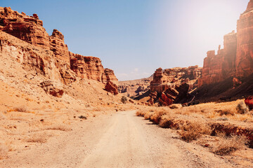 Fototapeta premium Panoramic view of Charyn Canyon in Kazakhstan near Almaty during sunrise