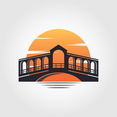 vintage rialto bridge with sunset background logo design. bridge logo illustration