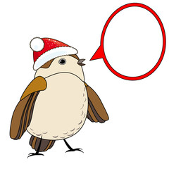 Cute Christmas bird in red Christmas hat with speech bubble, isolated on white background, vector sign.