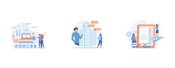 Couple in VR glasses, People checking cafe, bar and retail shop rates and ranks with smartphones, User with book and tablet watching himself flying on paper plane in augmented reality, set flat vector