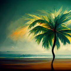 Artistic illustration of a tropical beach with a palm tree at sunset