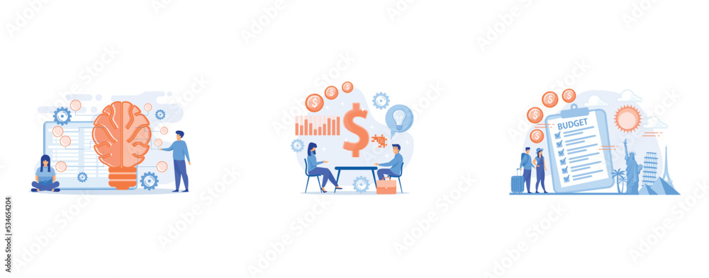 Poster big brain with circuit and programmers, salesperson suggesting a solution idea to consumers problem,