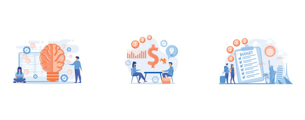Big brain with circuit and programmers, Salesperson suggesting a solution idea to consumers problem, Vacation fund, summer spending plan, vacation budget plan concept, set flat vector modern illustrat