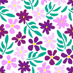 Simple delicate floral vector seamless pattern. Pink, violet flowers, twigs, leaves on a white background. Spring-summer collection. For fabric prints, textiles, clothing.