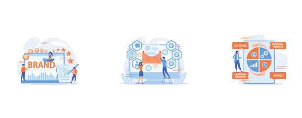 Obraz premium Brand reputation, brand management, sales driving strategy concept, Customer receiving automated marketing message, tiny people, Businesswoman standing at balanced scorecard reflecting performance, se