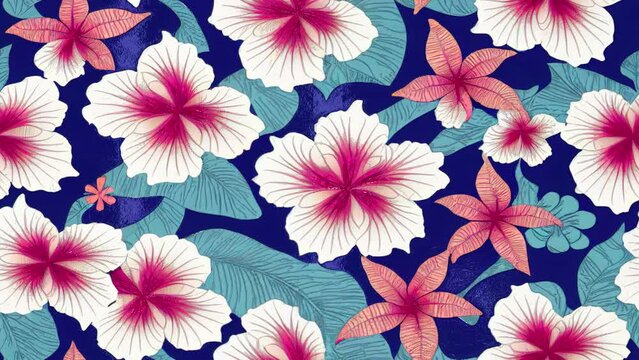 Hawaiian hibiscus and tribal element fabric patchwork abstract vintage seamless looping animation