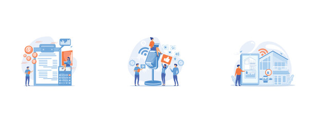 Financial analysts doing income statement with calculator and laptop, Broadcasting station, Smart home, house automation, set flat vector modern illustration