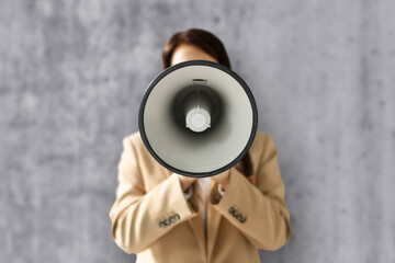 Woman With Megaphone Warning Voice Announcement