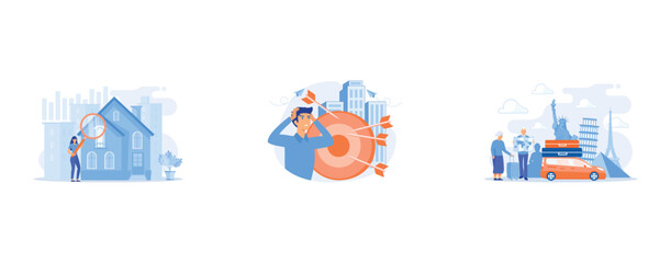 Real estate customer with magnifier looking for property for sale, Stressed man suffering from migraine, Retirement travel, traveling on pension, slow travel method concept, set flat vector modern ill