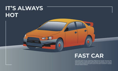 Orange sedan car side view. Vector flat illustration.