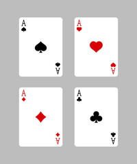 Set of vector ace playing cards suit editable on grey background. Four ace card.