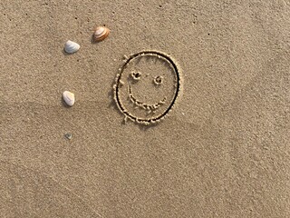 A smiling face carved in the sand with seashells