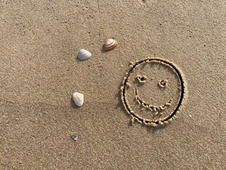 A smiling face carved in the sand with seashells