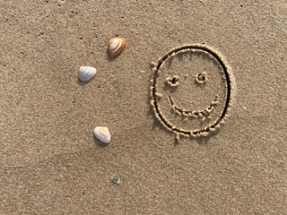 Fototapeta na wymiar A smiling face carved in the sand with seashells