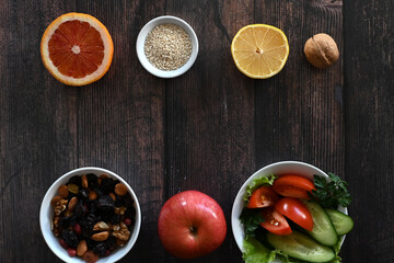 Top view of fresh fruits and vegetables.health care. Balanced diet.