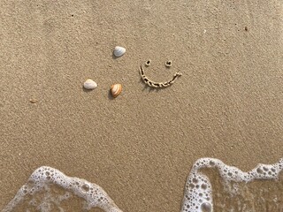 A smiling face carved in the sand with seashells