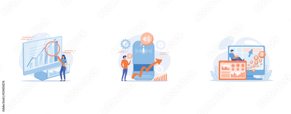 Aufkleber data analytics online course, voice controlled smart speaker and user talking, marketer and analyst 