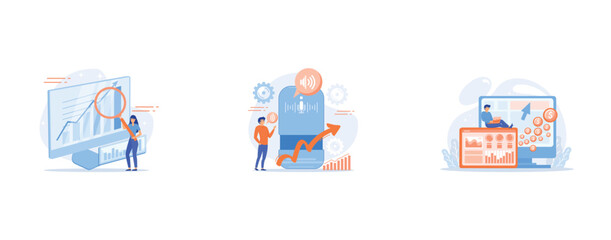 Data analytics online course, Voice controlled smart speaker and user talking, Marketer and analyst deploys and manages the tags on website, set flat vector modern illustration