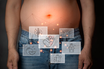 Closeup shot of asian man stomach with jean trousers related vector icon graphic red light,...