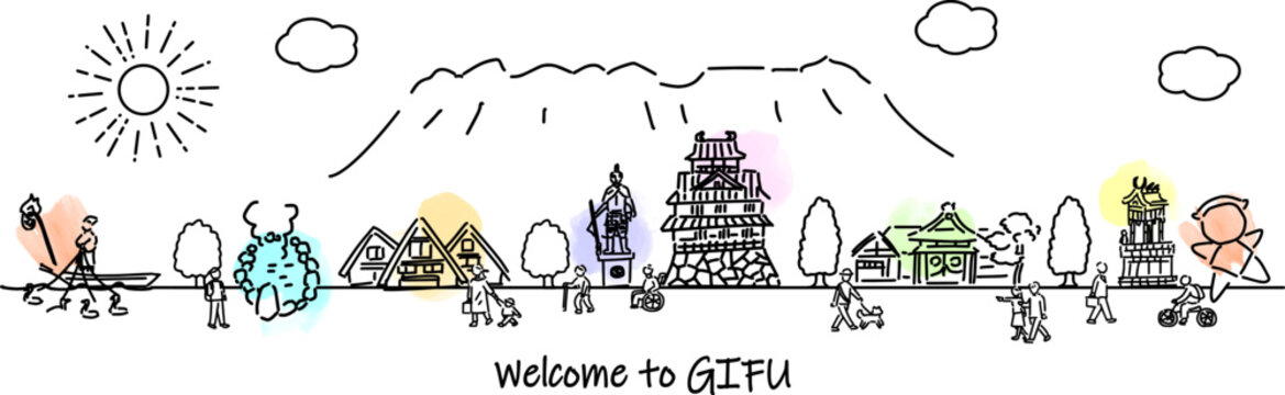 岐阜県の観光地の街並みと人々のシンプル線画イラスト