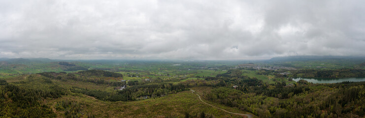 aerial panoramic view of cloudy countryside during May, Northern Ireland