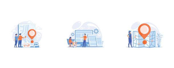 Exhausted, frustrated worker, burnout, Adaptive mobile app interface, web optimization, Journey route planning, set flat vector modern illustration