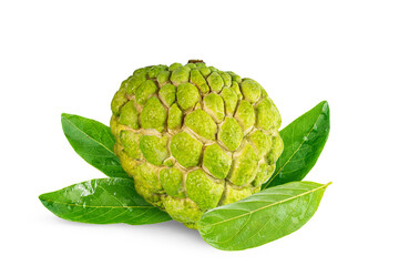 Sugar apple with leaves isolated on white background. Clipping path.