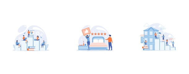 Employees with laptops learning at professional trainig, Luxurious service, satisfied customer feedback, positive review, Hostel employee, chef, maid, and bell boy education, set flat vector modern il