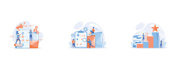 Businessmen with magnifier looking at business process flow chart, Recruiters and managers searching for candidate in huge CV for position, Businessman and woman start climbing ladder, set flat vector